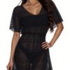 Crochet Lace Beach Cover-Up Dress — Black, Drawstring Waist