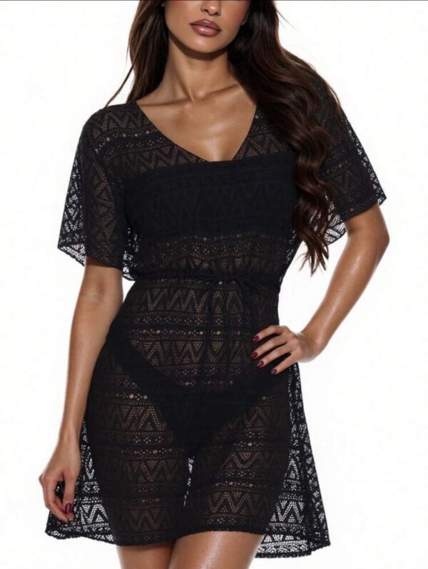 Crochet Lace Beach Cover-Up Dress — Black, Drawstring Waist