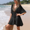 Embroidered Trim Beach Cover-Up Dress — Black Chiffon with Aztec Detail