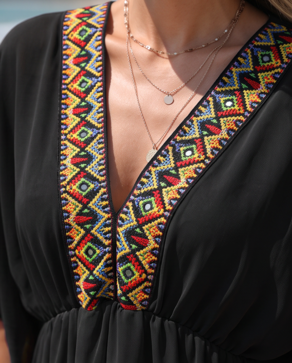 Embroidered Trim Beach Cover-Up Dress — Black Chiffon with Aztec Detail