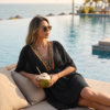 Embroidered Trim Beach Cover-Up Dress — Black Chiffon with Aztec Detail