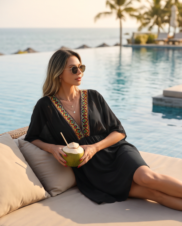 Embroidered Trim Beach Cover-Up Dress — Black Chiffon with Aztec Detail