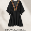 Embroidered Trim Beach Cover-Up Dress — Black Chiffon with Aztec Detail