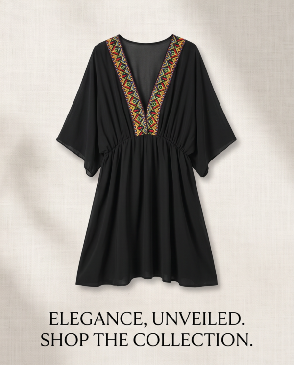 Embroidered Trim Beach Cover-Up Dress — Black Chiffon with Aztec Detail