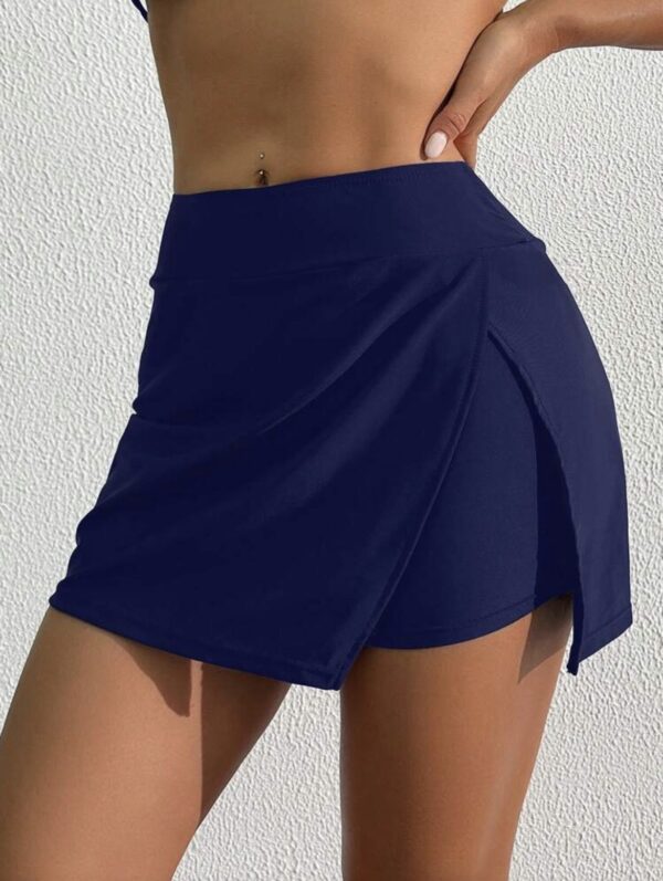 Wrap Swim Skirt with Built-In Shorts — Navy High-Waisted Skirted Bikini Bottom