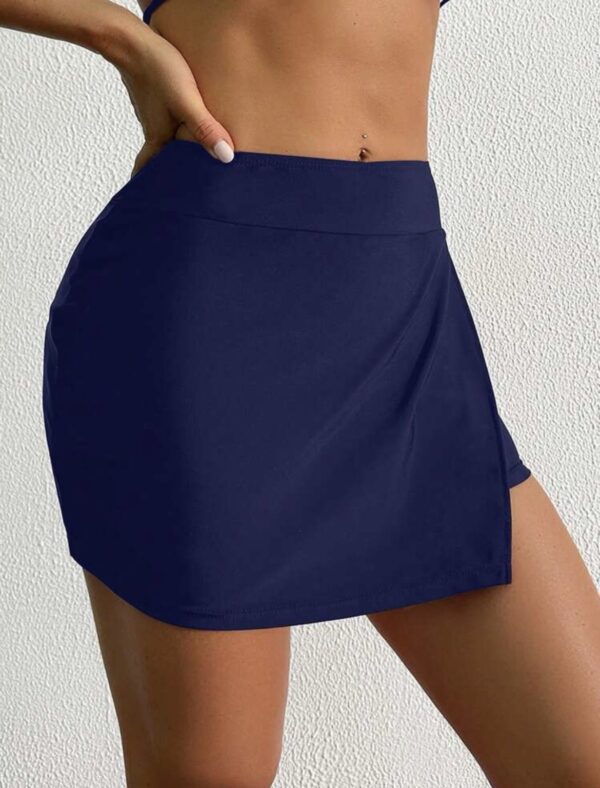 Wrap Swim Skirt with Built-In Shorts — Navy High-Waisted Skirted Bikini Bottom