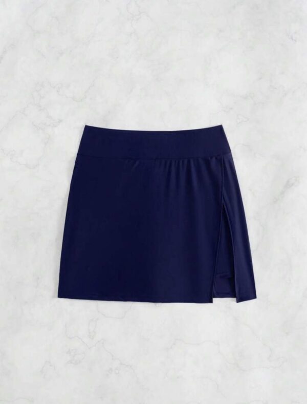 Wrap Swim Skirt with Built-In Shorts — Navy High-Waisted Skirted Bikini Bottom