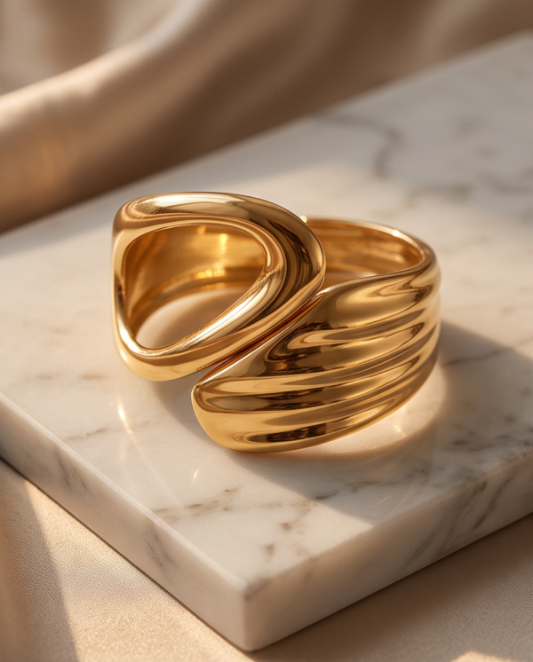 Sculptural Wrap Cuff Bracelet — Gold-Tone Stainless Steel, Hinged Opening