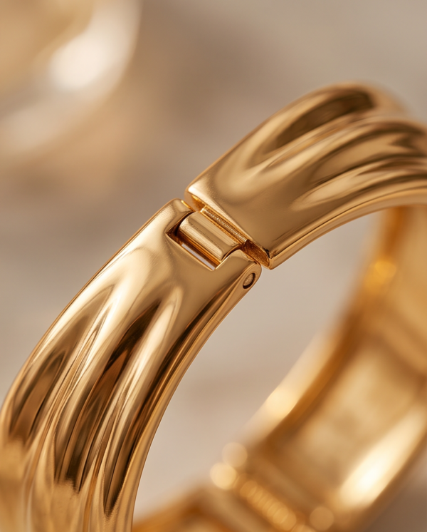 Sculptural Wrap Cuff Bracelet — Gold-Tone Stainless Steel, Hinged Opening