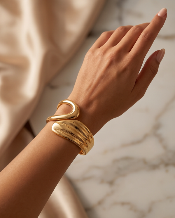 Sculptural Wrap Cuff Bracelet — Gold-Tone Stainless Steel, Hinged Opening