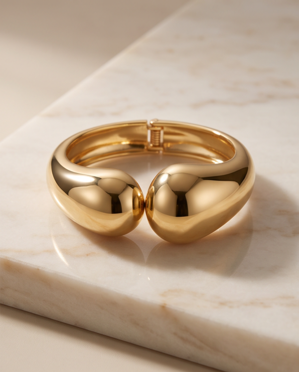 Chunky Dome Cuff Bracelet — Gold-Tone Stainless Steel, Hinged Spring Opening