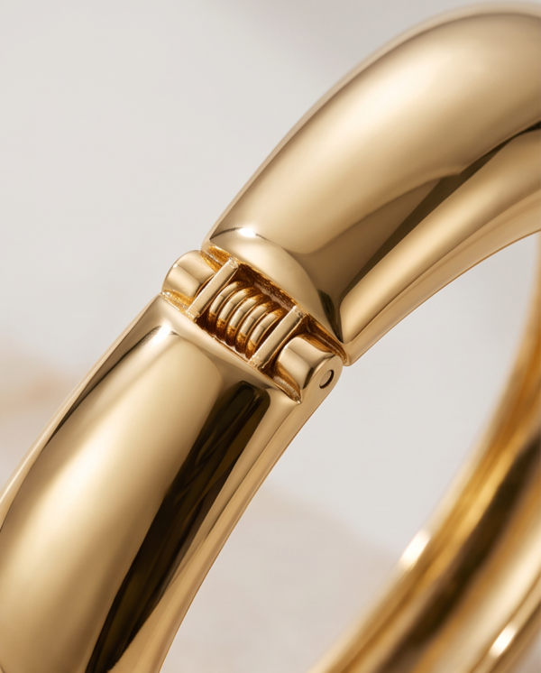 Chunky Dome Cuff Bracelet — Gold-Tone Stainless Steel, Hinged Spring Opening