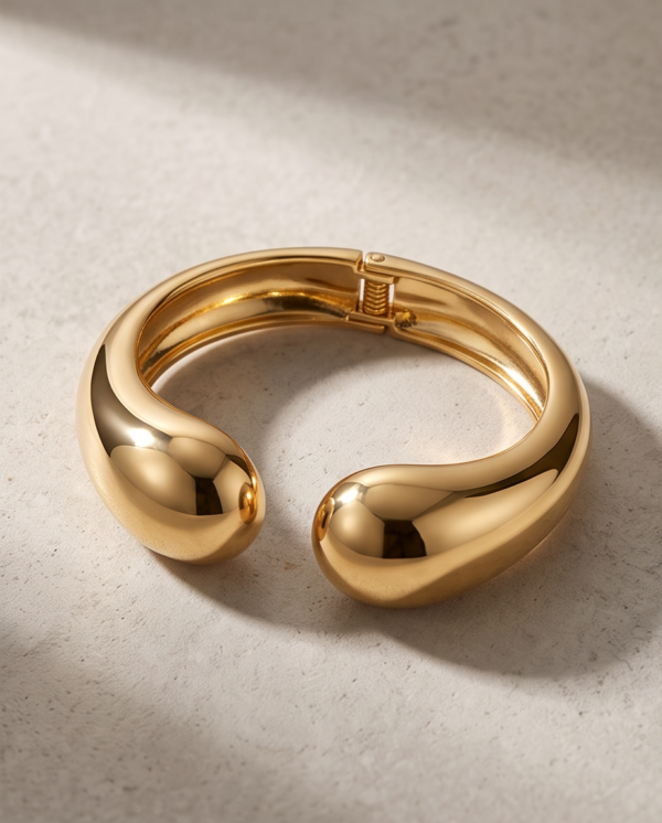 Chunky Dome Cuff Bracelet — Gold-Tone Stainless Steel, Hinged Spring Opening