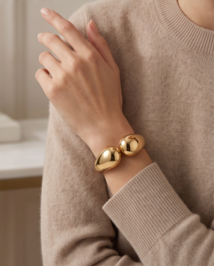 img_1439 Chunky Dome Cuff Bracelet — Gold-Tone Stainless Steel, Hinged Spring Opening