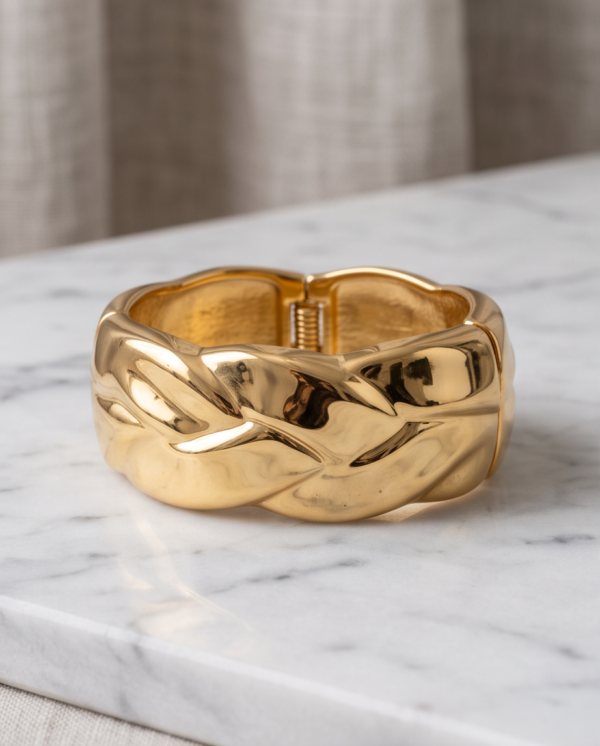 Wide Braided Dome Cuff Bracelet — Gold-Tone Stainless Steel, Hinged Opening