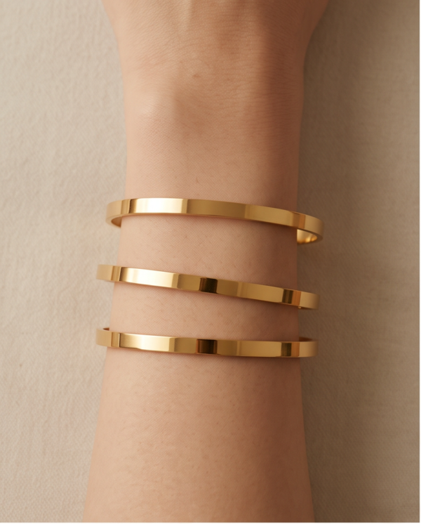 Flat Bangle Bracelet Set (3 Pieces) — Gold-Tone Stainless Steel, Minimalist Stack