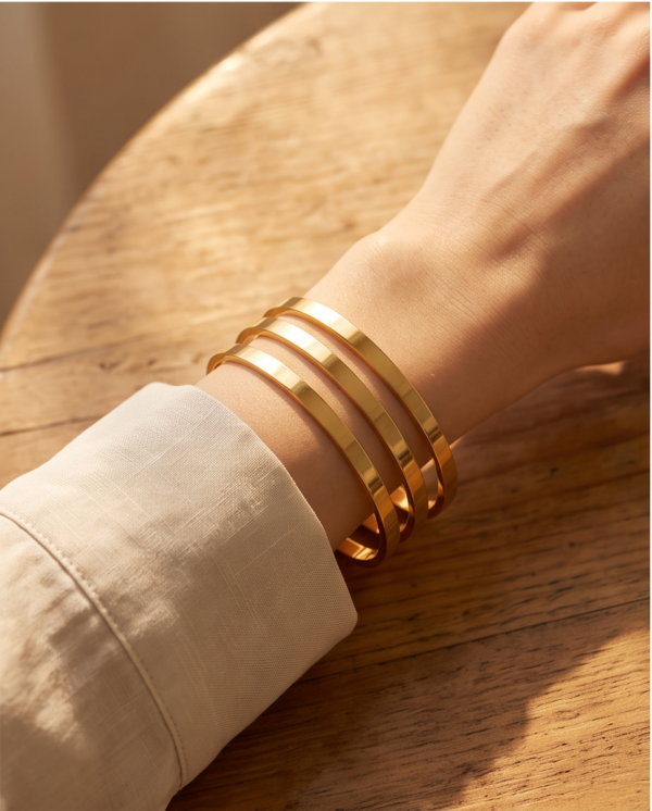 Flat Bangle Bracelet Set (3 Pieces) — Gold-Tone Stainless Steel, Minimalist Stack