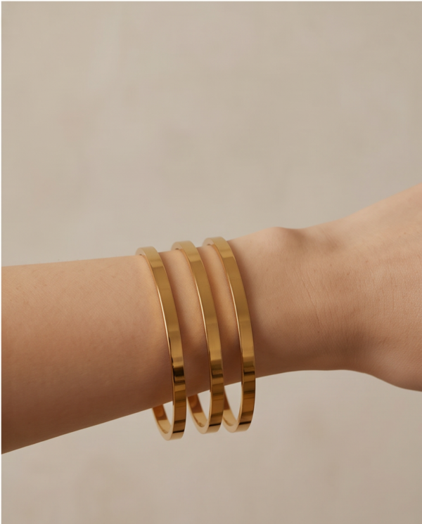 Flat Bangle Bracelet Set (3 Pieces) — Gold-Tone Stainless Steel, Minimalist Stack