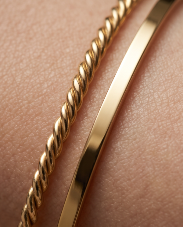 img_1458 Slim Bangle Bracelet Set (6 Pieces) — Gold-Tone Stainless Steel, Smooth & Twisted Stack