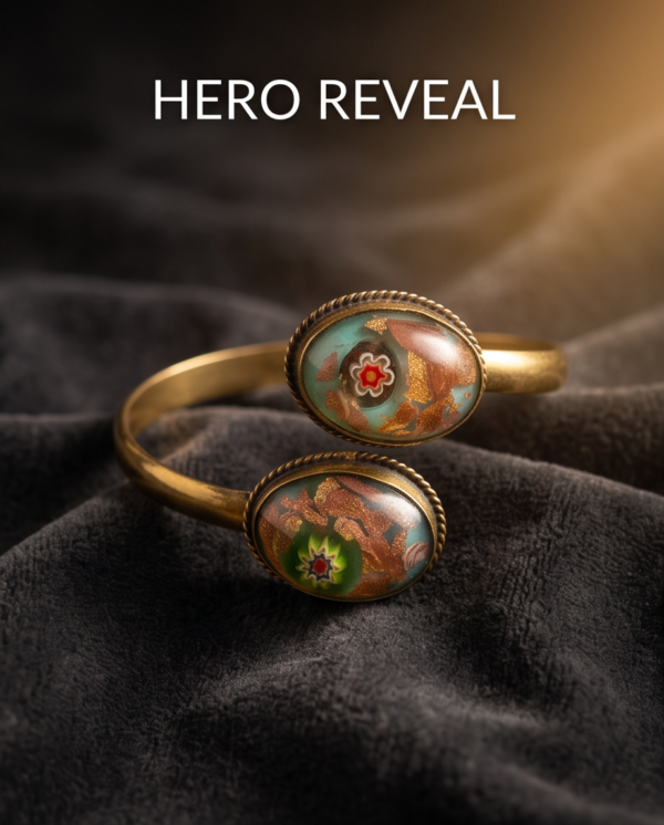 Vintage Murano-Style Millefiori Cuff Bracelet — Antique Gold Open Bangle
