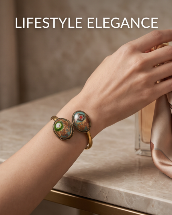 Vintage Murano-Style Millefiori Cuff Bracelet — Antique Gold Open Bangle