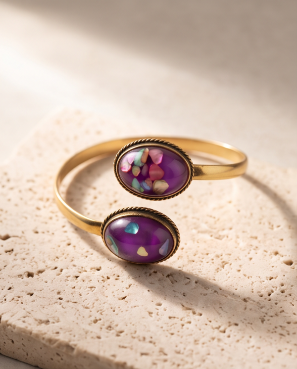 Purple Abalone Shell Copper Cuff Bracelet — Adjustable Open Bangle