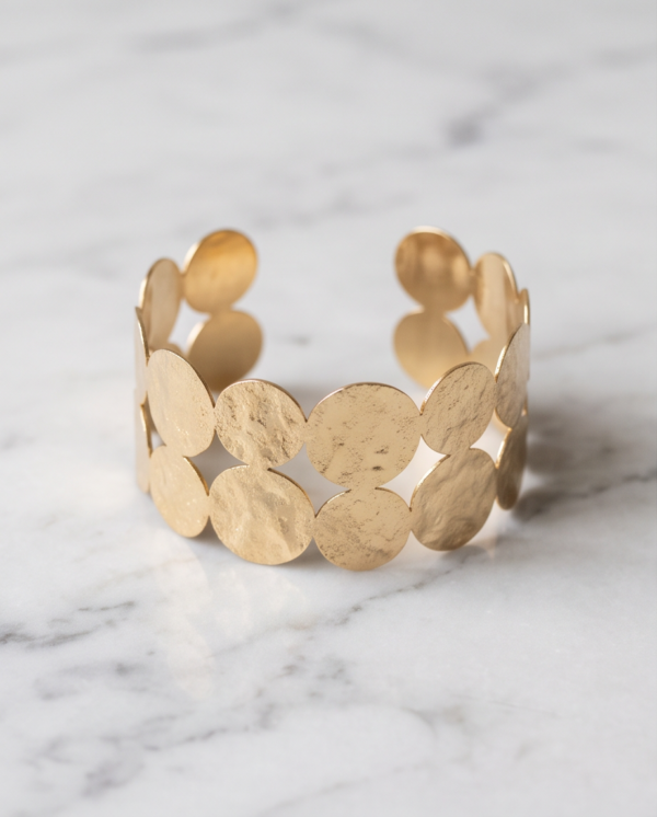 Hammered Gold Disc Cuff Bracelet — Wide Stainless Steel Open Bangle