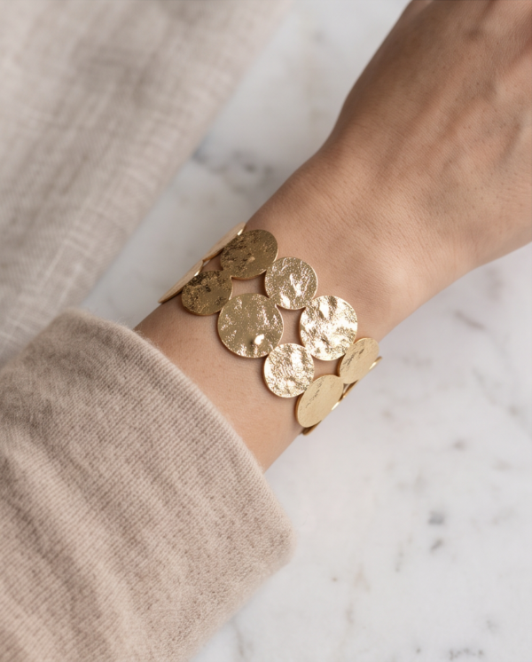 Hammered Gold Disc Cuff Bracelet — Wide Stainless Steel Open Bangle