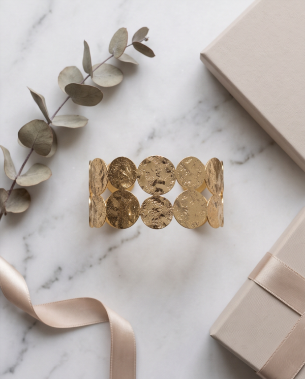 Hammered Gold Disc Cuff Bracelet — Wide Stainless Steel Open Bangle
