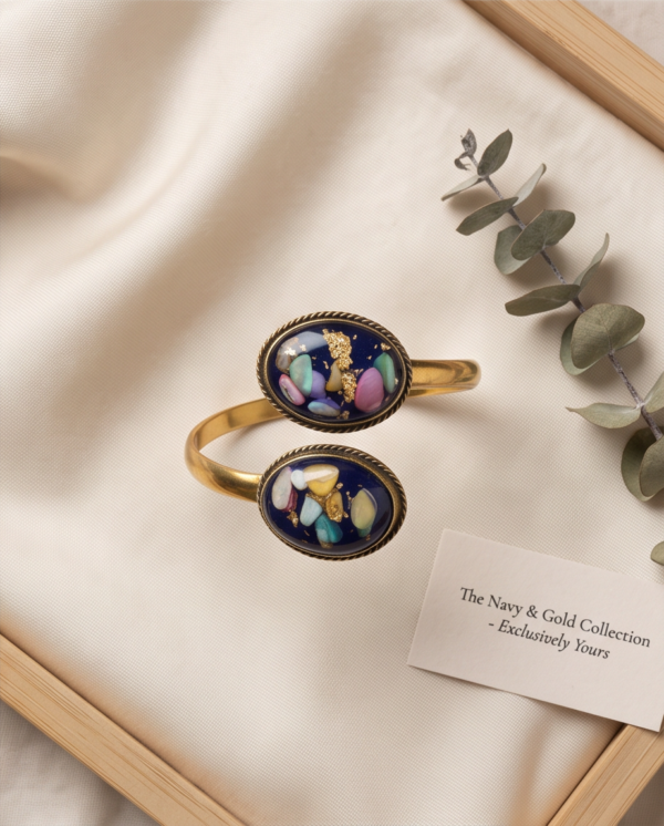 Navy Mother of Pearl Copper Cuff Bracelet — Adjustable Gold Bypass Bangle