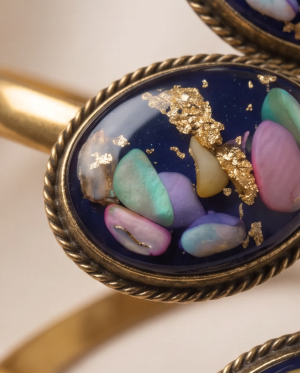 Navy Mother of Pearl Copper Cuff Bracelet — Adjustable Gold Bypass Bangle