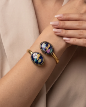 Navy Mother of Pearl Copper Cuff Bracelet — Adjustable Gold Bypass Bangle