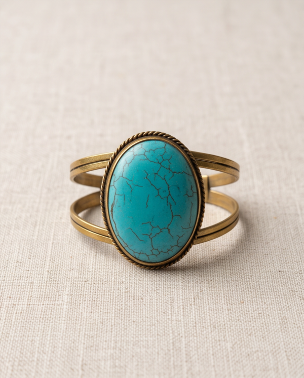 Turquoise Statement Copper Cuff Bracelet — Large Oval Open Bangle
