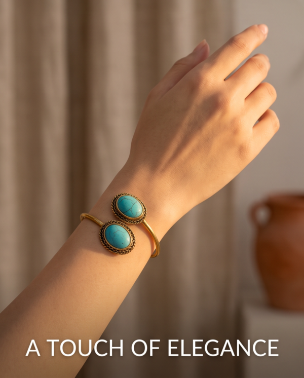 Turquoise Twin Stone Copper Cuff Bracelet — Open Bangle