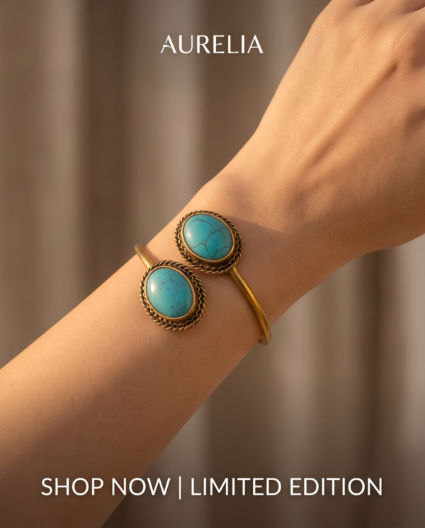 Turquoise Twin Stone Copper Cuff Bracelet — Open Bangle
