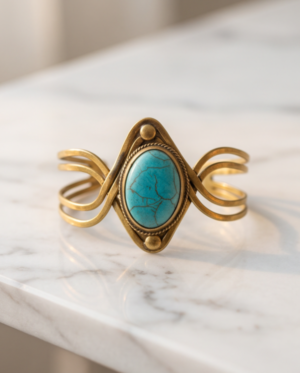 Diamond Wire Turquoise Copper Cuff Bracelet — Wide Statement Bangle