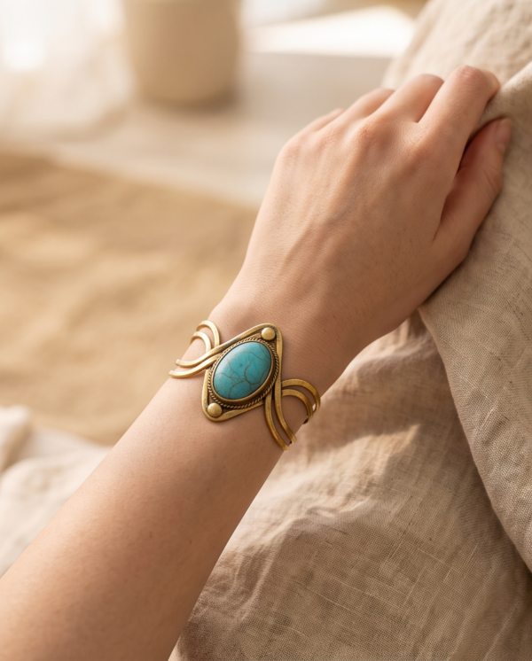 Diamond Wire Turquoise Copper Cuff Bracelet — Wide Statement Bangle