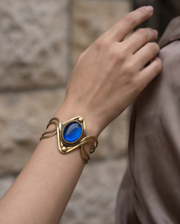 Diamond Wire Sapphire Blue Copper Cuff Bracelet — Wide Statement Bangle