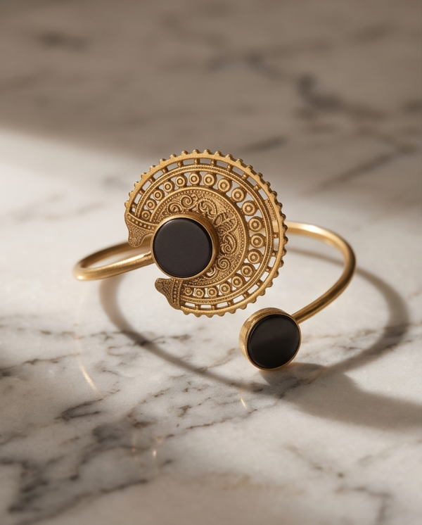 Bohemian Medallion Black Onyx Copper Cuff Bracelet — Open Bangle