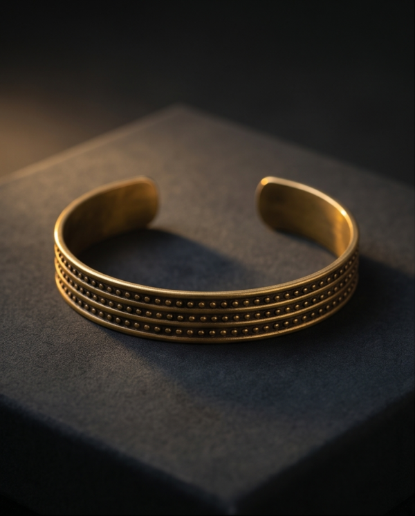 Beaded Line Copper Cuff Bracelet — Antique Gold Textured Bangle
