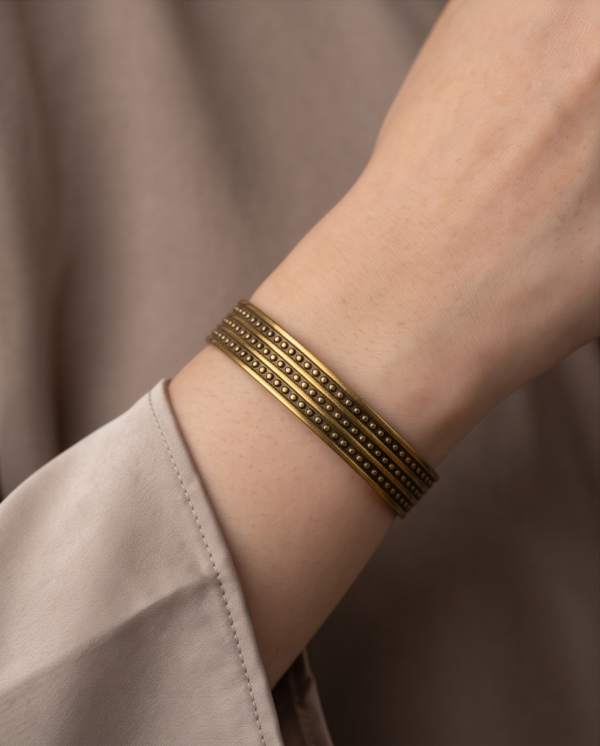 Beaded Line Copper Cuff Bracelet — Antique Gold Textured Bangle