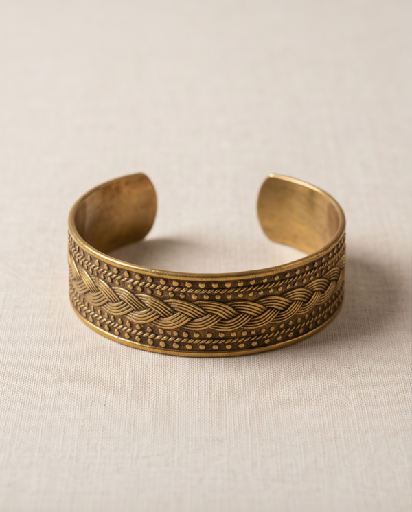 Woven Braid Copper Cuff Bracelet — Wide Antique Gold Bangle