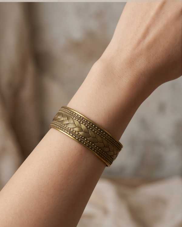 Woven Braid Copper Cuff Bracelet — Wide Antique Gold Bangle