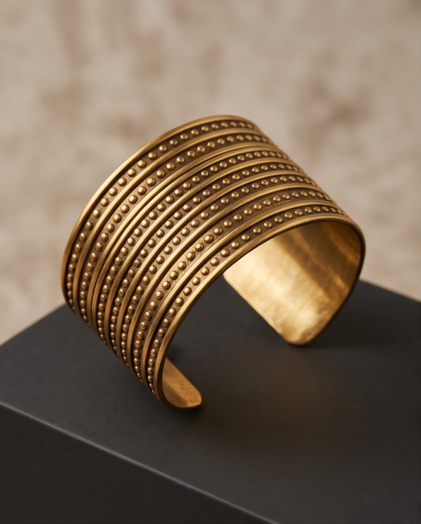 Multi-Row Beaded Copper Cuff Bracelet — Extra Wide Antique Gold Bangle