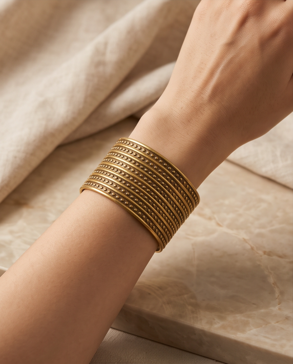 Multi-Row Beaded Copper Cuff Bracelet — Extra Wide Antique Gold Bangle