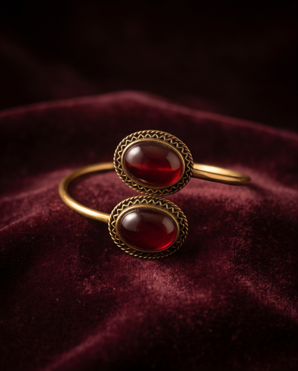 Ruby Red Glass Copper Cuff Bracelet — Double Stone Open Bangle