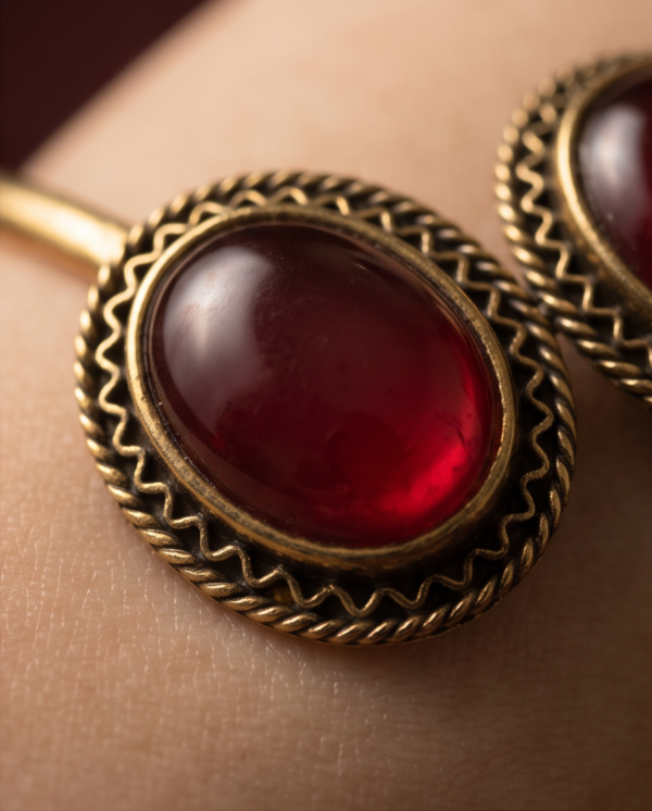 Ruby Red Glass Copper Cuff Bracelet — Double Stone Open Bangle