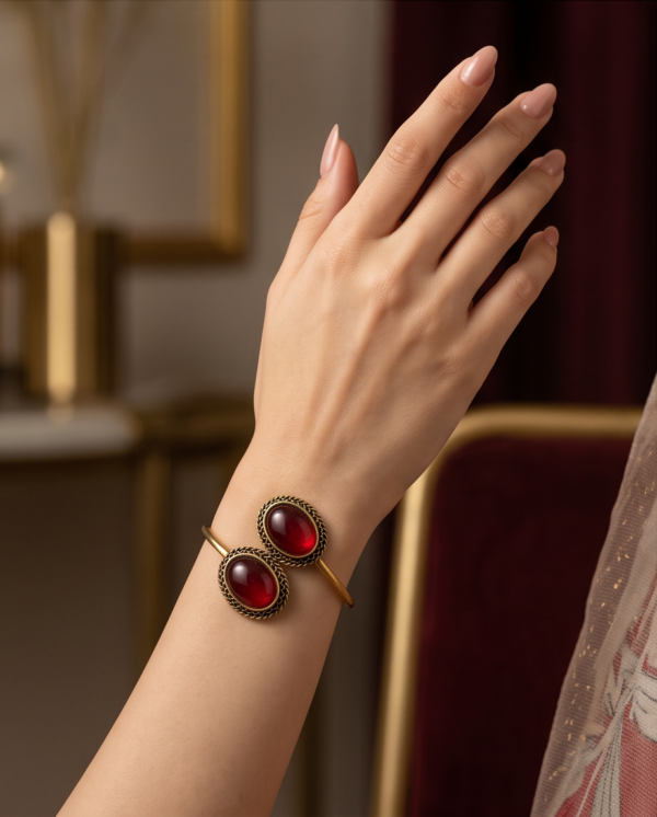 Ruby Red Glass Copper Cuff Bracelet — Double Stone Open Bangle