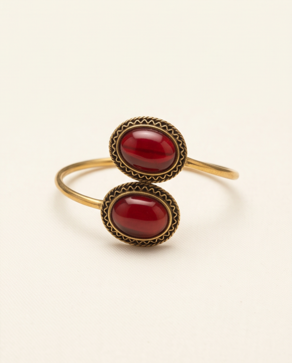 Ruby Red Glass Copper Cuff Bracelet — Double Stone Open Bangle