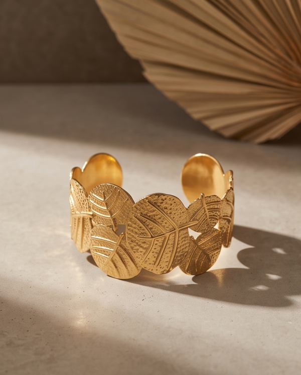 Gold Leaf Cluster Cuff Bracelet — Botanical Stainless Steel Bangle